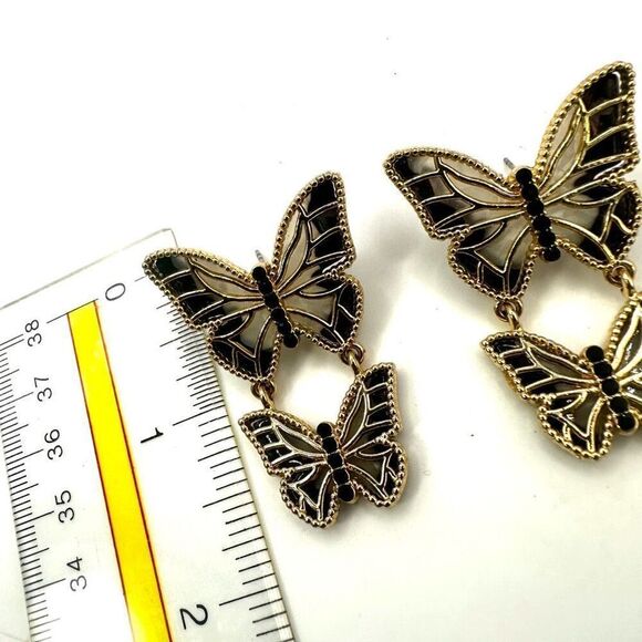 Double Butterfly Gold tone and black post drop earrings - Picture 4 of 8